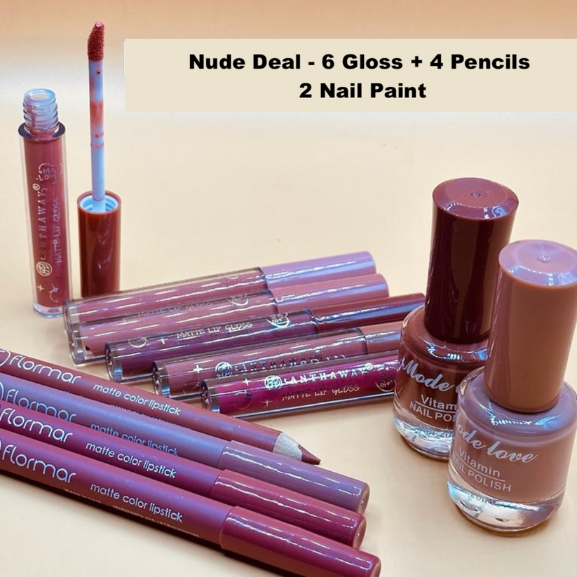 Nude Essentials Makeup Bundle – 6 Glosses, 4 Pencils, 2 Nail Polishes