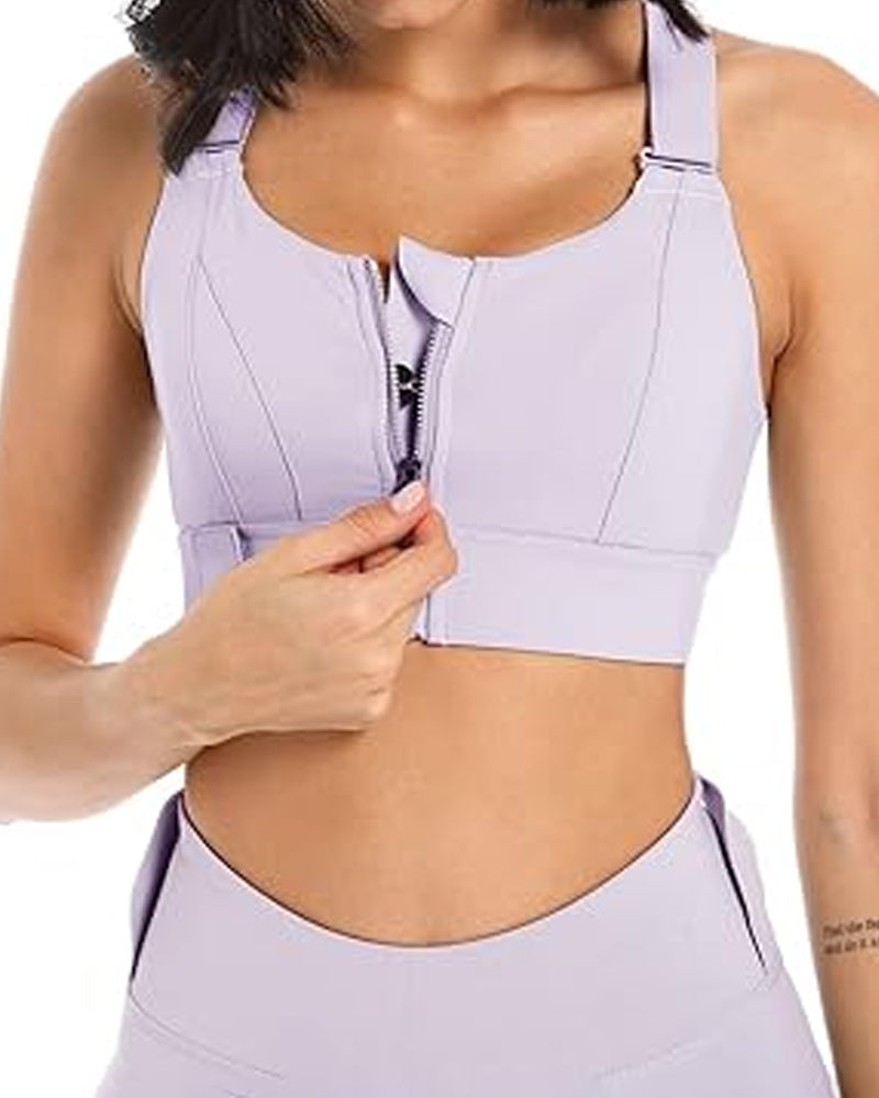 Women's Zipper Front High-Strength Support Adjustable Straps Cross Back Short Fitness Sports Bra