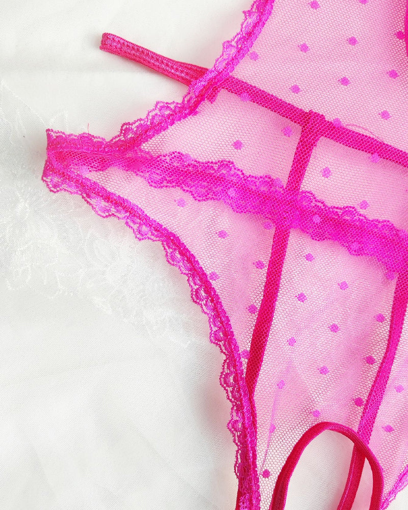 Sexy Floral Lace Bow Tie Open Crotch Hollow Polka Dot Mesh One-Piece Pajamas