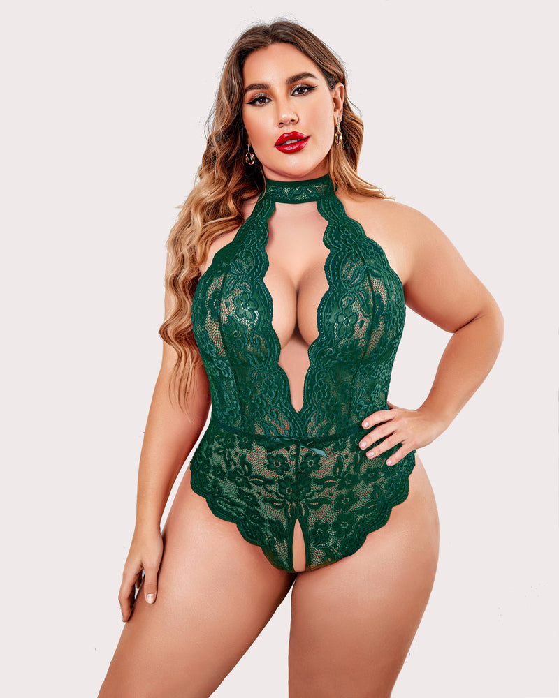 Plus Size Lace Halter Teddy