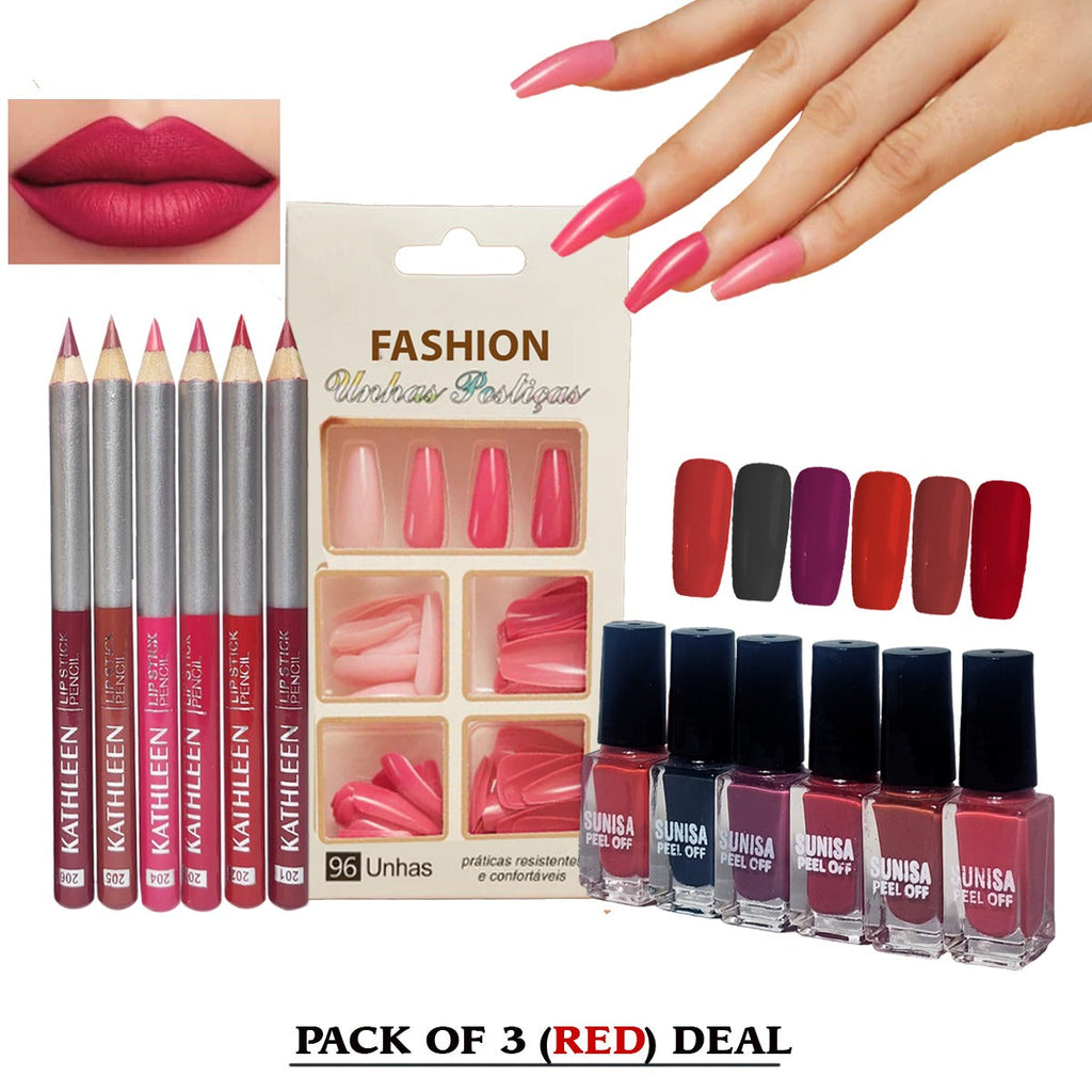 3 In 1  New Makeup Deal Kathleen 6 pcs  Lip Liner Pencil +Sunisa 6pcs  Nail Polish+96 pcs Fake Nails
