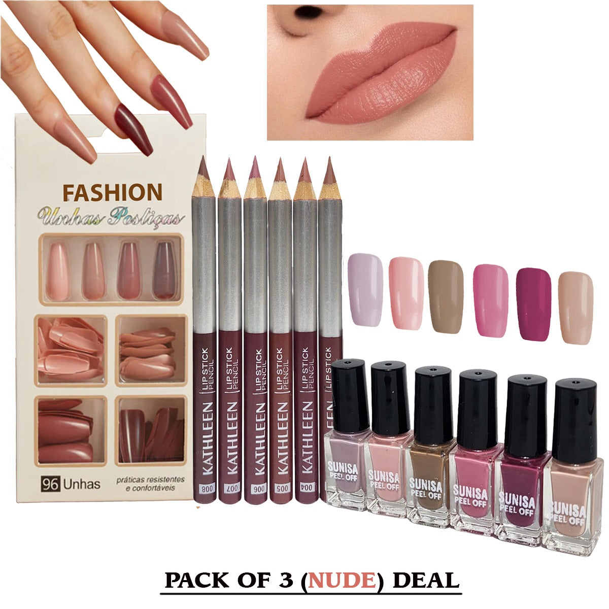 3 In 1  New Makeup Deal Kathleen 6 pcs  Lip Liner Pencil +Sunisa 6pcs  Nail Polish+96 pcs Fake Nails